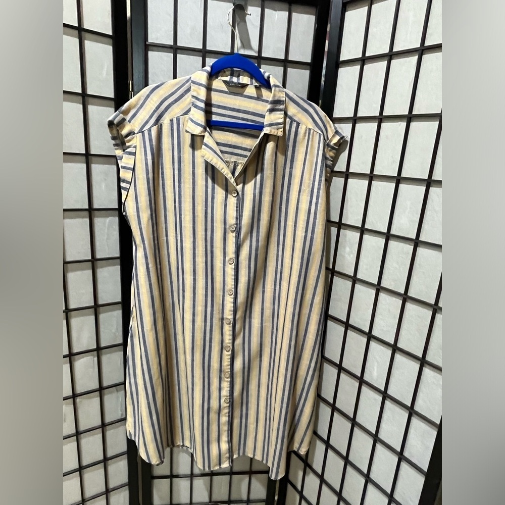 Mlle Gabrielle Striped Button-Up in Navy, Yellow & Cream SHIRT DRESS SIZE 1X
